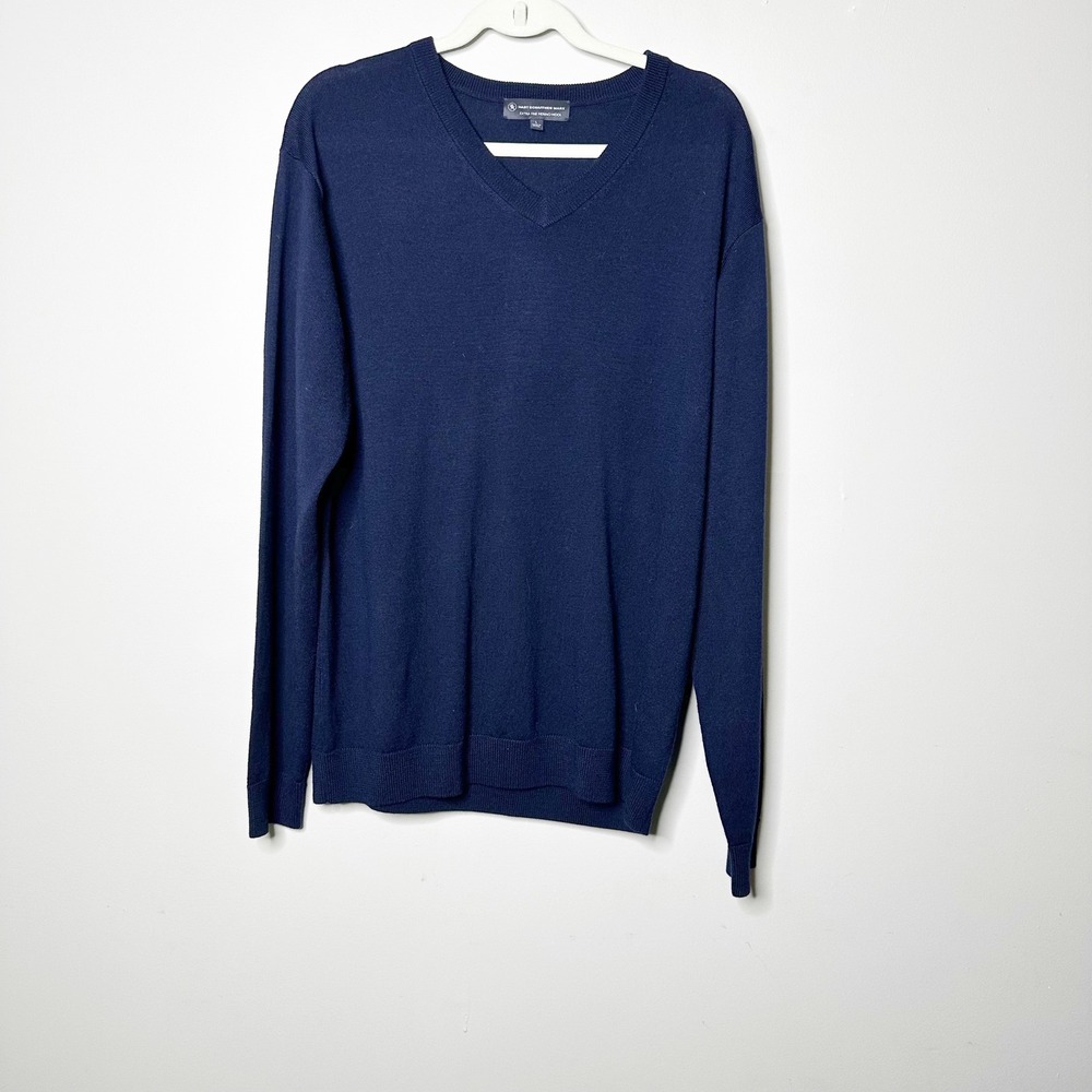 Hart Schaffner Marx Sweater Mens L Navy Blue Excellent Merino Wool V-Neck